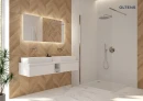 Oltens Nordlis lustro 60x120 cm prostokątne z oświetleniem od tyłu z matą grzewczą 64112000 - lustro zawieszone na ścianie w łazience gdzie znajduje się szafka z umywalkami oraz duży prysznic