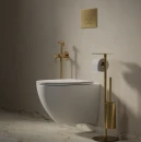 Aranżacja łazienki w minimalistycznym stylu z białą wiszącą misą wc, stojakiem na papier oraz baterią bidetową podtynkową Omnires Y w kolorze złota szczotkowanego SYSYBI2GLB