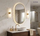 Oltens Nordlis lustro 50x100 cm owalne z oświetleniem od tyłu z matą grzewczą miedź szczotkowana 64129610 - lustro zawieszone w łazience na ścianie gdzie znajduje się szafka z białą umuwalką