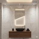 Oltens Nordlis lustro 60x120 cm prostokątne z oświetleniem od tyłu z matą grzewczą 64121000 - lustro zawieszone w łazience na ścianie z płytkami oraz szafką i czarną umywalką