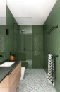 Nowoczesna łazienka z oliwkowymi płytkami ściennymi Marazzi Luz Oliva Lux 5,3x30 cm MFM6 w połysku. Ceramiczne cegiełki nadają wnętrzu elegancki i designerski charakter.