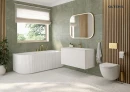Oltens Nordlis lustro 80x100 cm prostokątne z oświetleniem z przodu z matą grzewczą złoto szczotkowane 64124810 - lustro zawieszone na ścianie w łazience gdzie znajduje się biała szafka, biała umywalka oraz wisząca miska WC