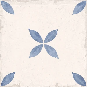 Keros Sofia Azul 25x25 rustykalny patchwork z niebieskim kwiatem i szarym tłem