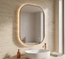 Oltens Nordlis lustro 80x100 cm prostokątne z oświetleniem od tyłu z matą grzewczą miedź szczotkowana 64127610 - lustro zawieszone na ścianie w łazience gdzie znajduje się biała umywalka