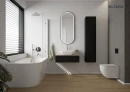 Oltens Nordlis lustro 50x120 cm owalne z oświetleniem z przodu z matą grzewczą czarny 64104300 - lustro zawieszone na ścianie w łazience gdzie znajduje się duża wanna oraz wisząca miska WC
