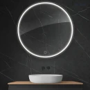 Oltens Nordlis lustro 100x100 cm okrągłe z oświetleniem z przodu z matą grzewczą czarny 64102300 - lustro zawieszona na ścianie z czarnymi płytkami oraz szafką z białą umywalką