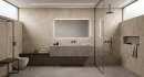 Artistica Deep Stone Sand Natural 60x120- gresowa płytka imitująca beżowy beton z przebarwieniami. Minimalistyczna łazienka w ciepłych odcieniach beżu. Kamienny blat z wpuszczaną umywalką. Kabina typu Walk-In w czarnej ramie. Czarna armatura podtynkowa.