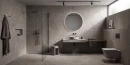 Artistica Deep Stone Greige Natural 60x120- szara gresowa płytka imitująca industrialny, minimalistyczny beton w ciemnym odcieniu na ścianach i podłodze łazienki. Betonowy blat, okrągła umywalka nablatowa, kabina prysznicowa Walk-In.