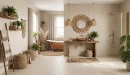 Energie-Ker Miro Champagne Matt 60x120- gresowa płytka imitująca beżowy surowy beton, ułożona na ścianach i podłodze łazienki w stylu boho. Drewniana szafka oraz wieszak na ręczniki. Wiklinowe kosze i klosze lamp. Okrągłe lustro w plecionej ramie.