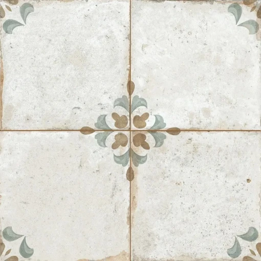 Peronda FS Workshop Aqua 45x45- patchworkowa płytka podłogowa w w ciepłych beżowych i zielonych odcieniach z rustykalnym wzorem florystycznym