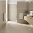 Wizualizacja łazienki z beżowymi, kwadratowymi płytkami gresowymi Marazzi SistemT - Graniti Sabbia Rock 20x20 MRV6 na podłodze i ścianach. Wnętrze z drewnianą szafką, białą umywalką nablatową i oknem podkreślającym strukturę granitu.