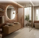 Nowoczesna łazienka. Na podłodze kwadratowe, beżowe płytki gresowe Marazzi SistemT Graniti Panna 30x30 m M1W7 o granitowym wzorze. Ściany zdobią brązowe, błyszczące kafle, obok podświetlane lustro, drewniana szafka i prysznic walk-in.