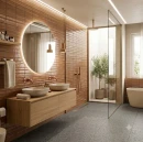 Nowoczesna łazienka. Na podłodze kwadratowe, szare płytki gresowe Marazzi SistemT Graniti Grigio Medio Rock 30x30 cm M7J0 o strukturze granitu. Ściany zdobią brązowe, błyszczące kafle, obok podświetlane lustro, drewniana szafka i prysznic.