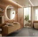 Nowoczesna łazienka. Na podłodze kwadratowe, szare płytki gresowe Marazzi SistemT Graniti Grigio Medio 30x30 cm M7J0 o strukturze granitu. Ściany zdobią brązowe, błyszczące kafle, obok podświetlane lustro, drewniana szafka i prysznic walk-in.