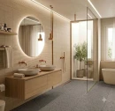 Aranżacja eleganckiej łazienki z szarymi gresami Marazzi SistemT Graniti Grigio Medio 30x30 cm M7JR na podłodze. Na ścianie strukturalne beżowe płytki, miedziana armatura, podwieszana drewniana szafka z dwiema umywalkami oraz strefa prysznicowa.