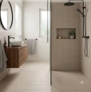 Wizualizacja nowoczesnej łazienki z beżowymi płytkami gresowymi Marazzi SistemT Graniti Grigio Chiaro Diamond 20x20 M65F na podłodze prysznica. Płytki mają matową, nakrapianą teksturę imitującą granit. Wnętrze uzupełnia szafka z drewna.