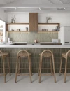 Gayafores Deco Kirei Olive 32x62,5- zielona oliwkowa dekoracyjna strukturalna płytka ścienna w połysku na wyspie kuchennej w połączeniu z jasnym kamiennym blatem. Drewniana zabudowa kuchenna.