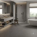 Nowoczesna łazienka z podłogą wykończoną kwadratowymi płytkami Marazzi SistemT Graniti Grigio Scuro Diamond 20x20 o szarej, strukturalnej powierzchni imitującej beton.