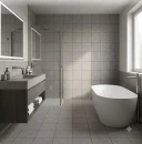 Nowoczesną łazienka z jasnoszarymi płytkami Marazzi SistemT - Graniti Grigio Medio Diamond 20x20 cm M7LN  na podłodze, z białą dużą wanną oraz lustrem