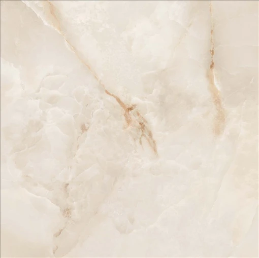 Keratile Orion Cream Satin 100x100 Gresowa płytka podłogowa imitująca kamień onyks w beżowym/kremowym kolorze i jasnymi oraz brązowymi żyłami