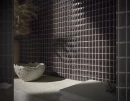 Płytki WOW 3DB Bevel Onix Gloss 12,5x25 (135549) w eleganckim wnętrzu, tworzące mozaikowy efekt z trójwymiarowym reliefem i jasną fugą.