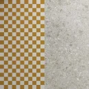 Vives Surf Makai Teja 20x20 płyta podłogowa w geometrycznym patchworkowym stylu w żółto/beżową szachownicę w zestawieniu z szarym klasycznym lastryko.
