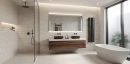 Coem Blendstone Stripes Beige Naturale 30x60 BLS362R ścienna płytka dekoracyjna imitująca kamień z jasnymi żyłami i przebarwieniami na ścianie łazienki. Duże podświetlone lustro, drewniana szafka z jasnym blatem, czarna armatura podtynkowa.
