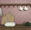 Drewniany blat kuchenny, dekoracyjna mozaika ceramiczna ścienna, różowa, matowa, w kształcie arabeski Ceramik Studio Arabesque Pink Mat 26,3x29,6