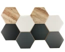 Dekoracyjna mozaika ceramiczna ścienna, matowa, kształt heksagonów Ceramik Studio Heksagon MIX - Black Mat-Wood-White-Dark Grey 36x25 w kolorach czerni, drewna, bieli i szarości