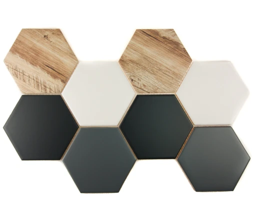 Dekoracyjna mozaika ceramiczna ścienna, matowa, kształt heksagonów Ceramik Studio Heksagon MIX - Black Mat-Wood-White-Dark Grey 36x25 w kolorach czerni, drewna, bieli i szarości