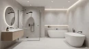 Łazienka w minimalistycznym stylu z płytkami imitującymi beton Cifre Acron Pearl Mate Soft Sl Rc 90x90 SL RC, z szafką podumywalkową z drewna, z wanną wolnostojącą, prysznicem typu walk-in z czarnymi, matowymi profilami i armaturą,   okrągłym lustrem.