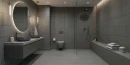 Nowoczesna ciemna łazienka z płytkami imitującymi beton Cifre Acron Anthracite Mate N-Plus SI Rect. 30x60, z ciemną wisząca szafką, owalnymi zlewami, okrągłym lustrem, lampami, prysznicem walk-in.