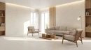 Jasny, nowoczesny salon z dużymi matowymi płytkami Cifre Acron Ivory Mate N-plus 120x120, elegancką sofą, drewnianymi fotelami, stolikiem kawowym, lamelami i regałami ściennymi, dużymi oknami, oświetleniem sufitowym LED.
