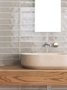 Łazienka z umywalką nablatową, drewnianym blatem i beżowymi płytkami ściennymi Porcelanosa Malaga Beige L 25x44,3 100322664