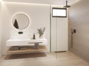 Łazienka z kabiną prysznicową, białą umywalką nablatową, drewnianą półką i płytkami drewnopodobnymi podłogowymi Porcelanosa Bremen Nut