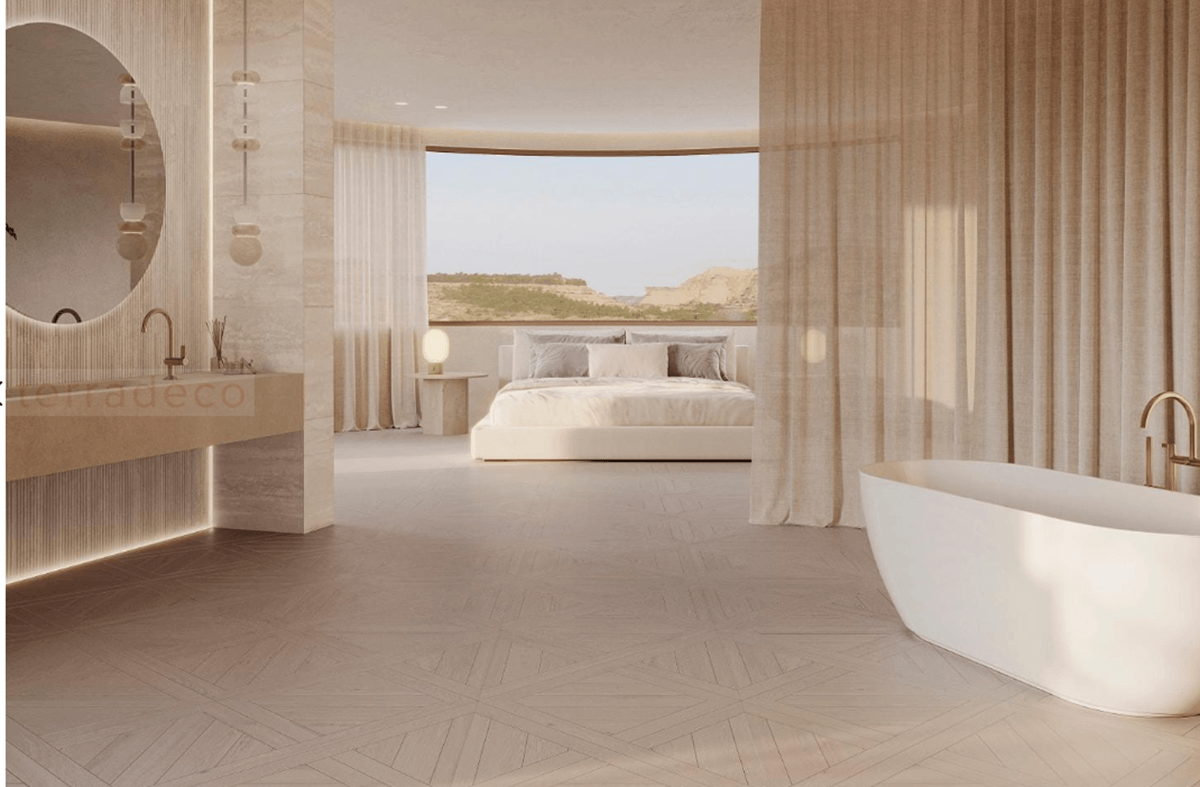Elegancka łazienka w płytkach ceramicznych Porcelanosa Roma Marfil