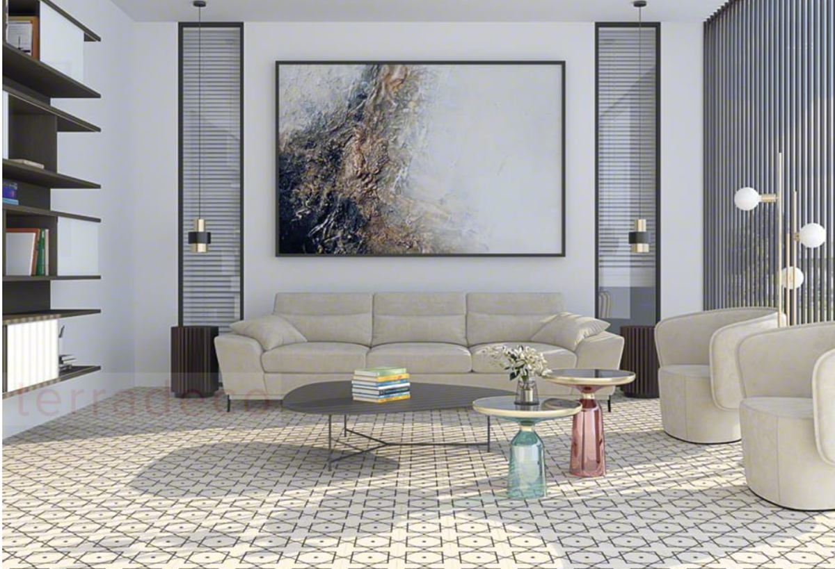 Geometryczny patchwork we wnętrzu minimalistycznym