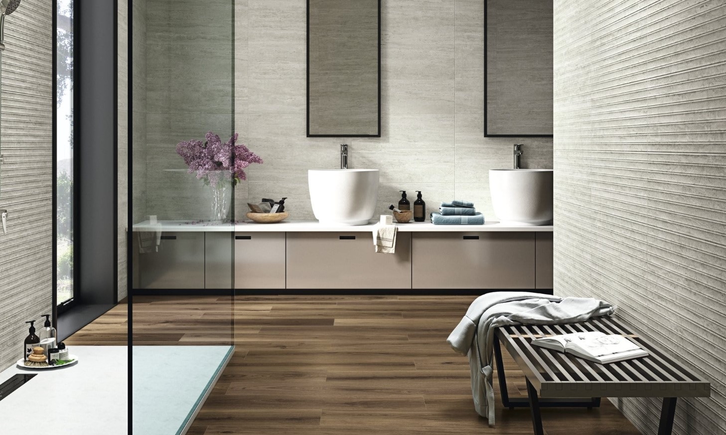 Imitacja drewna i imitacja kamienia w łazience industrialnej