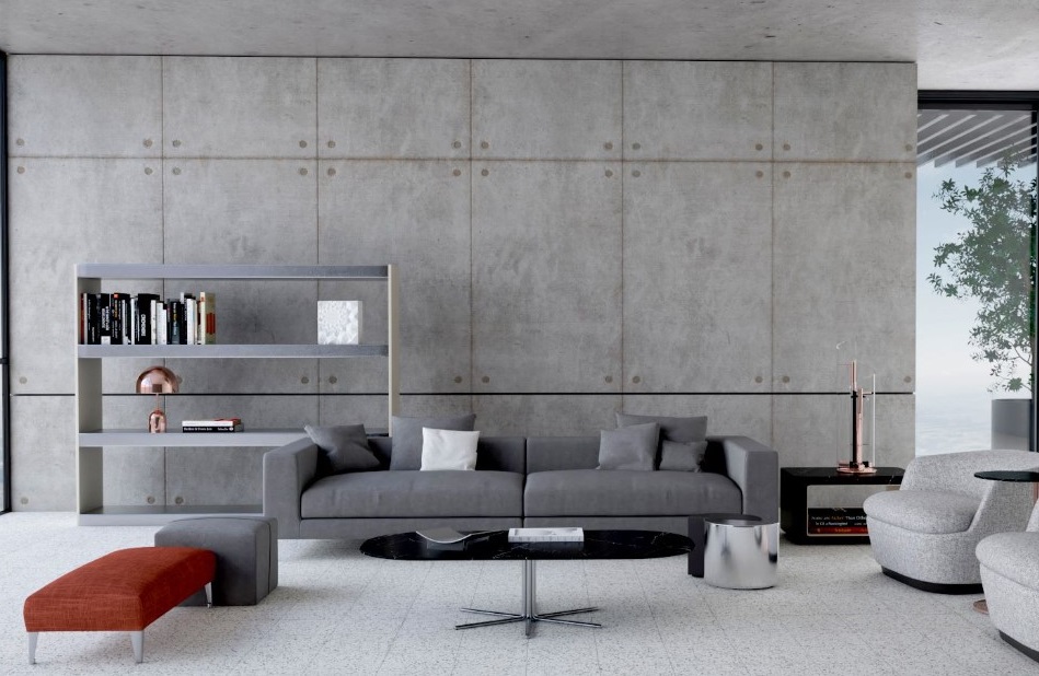 Lastryko i beton w szarym salonie