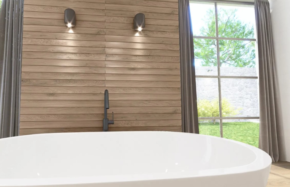 Ozdobne panele drewnopodobne na ścianie za wanną