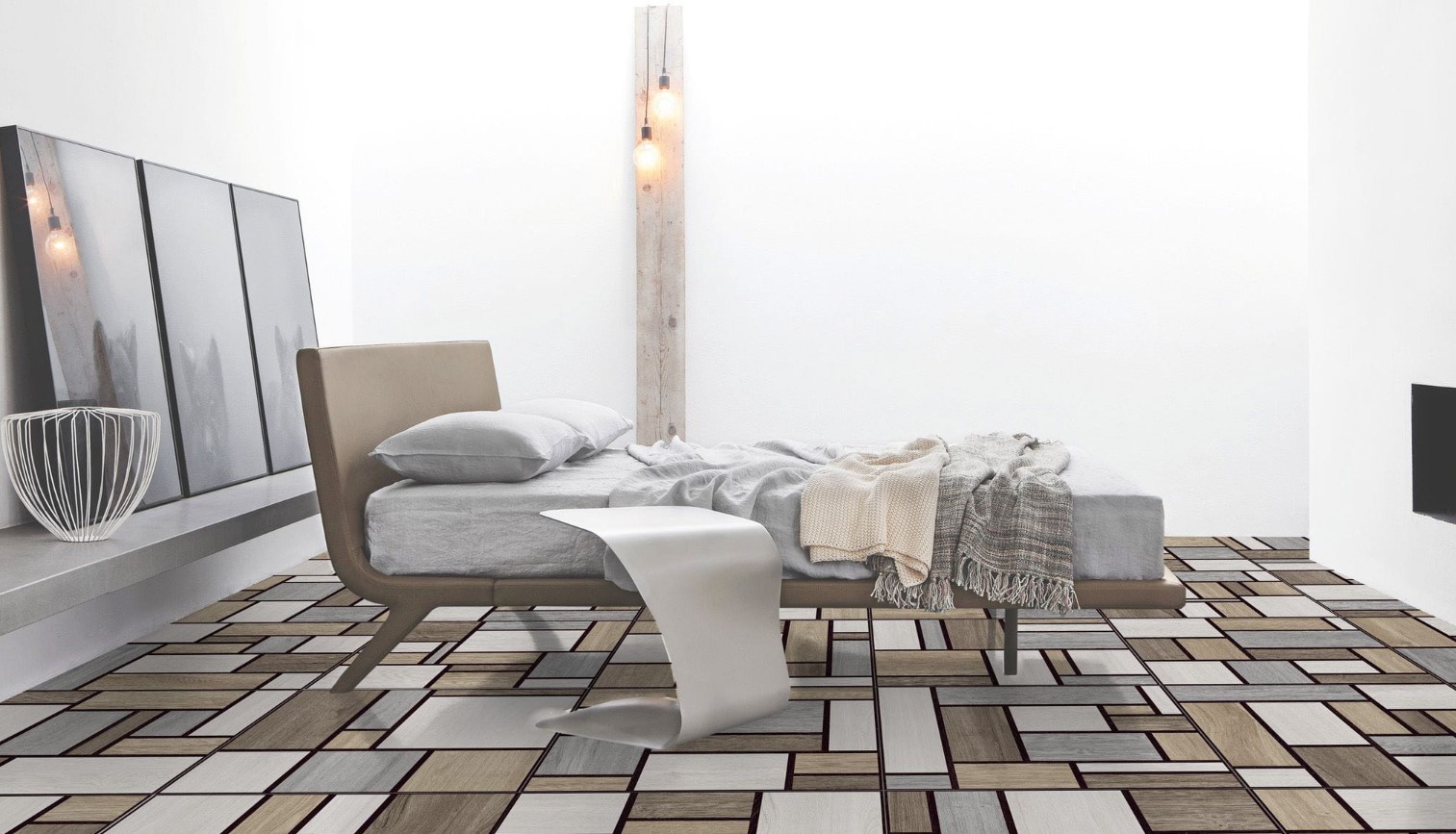 Patchwork drewnopodobny w sypialni