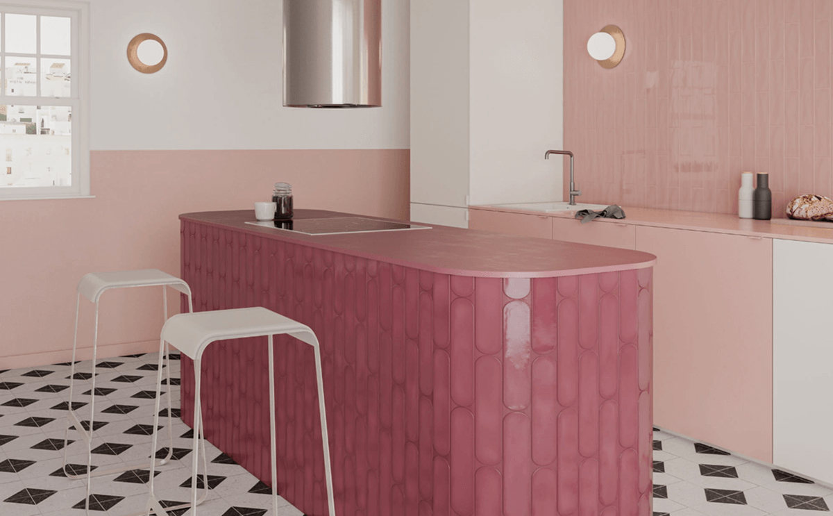 Płytki cegiełki jako obudowa wyspy kuchennej WOW Grace Blush Glow