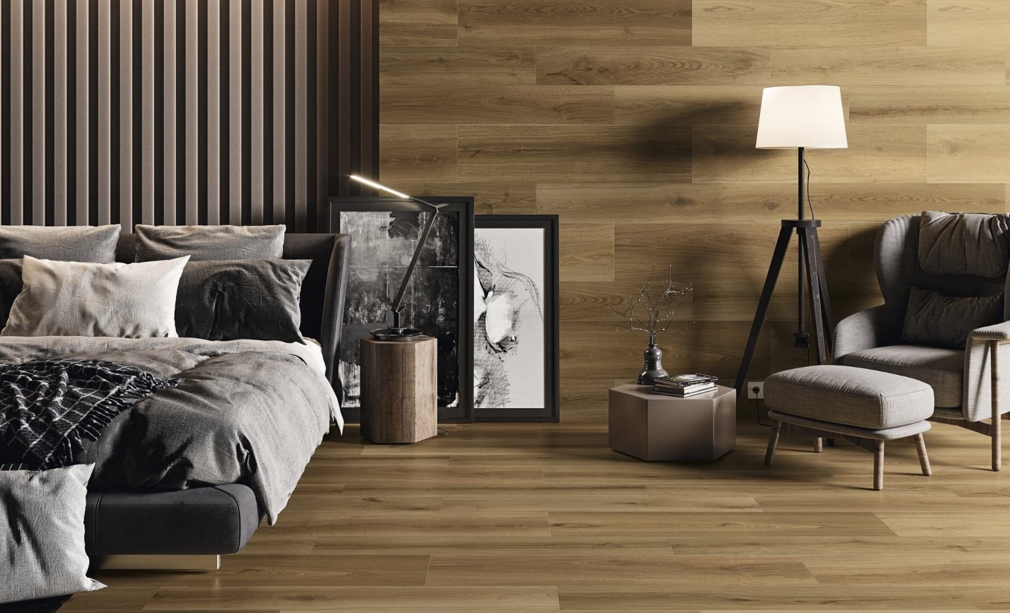 Płytki panelowe w sypialni na ścianie i podłodze