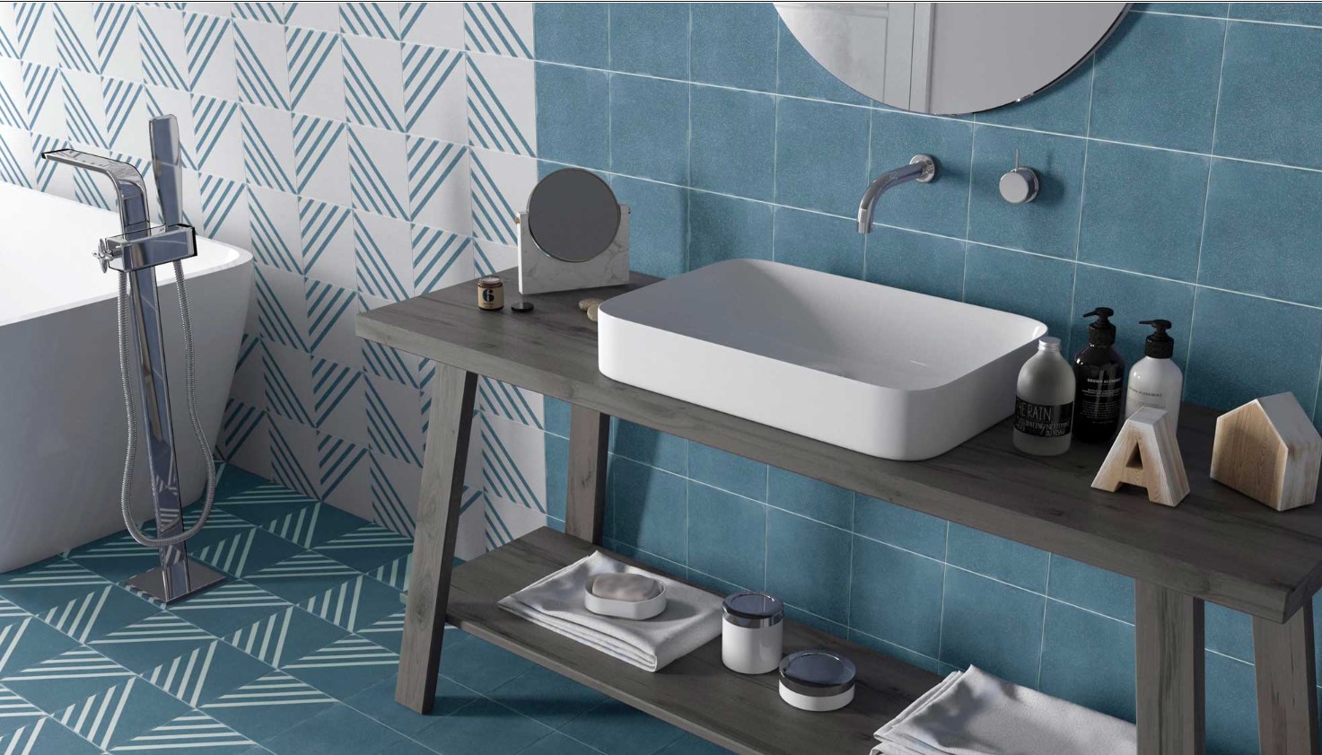 Płytki patchwork do niebieskiej łazienki w stylu minimalistycznym