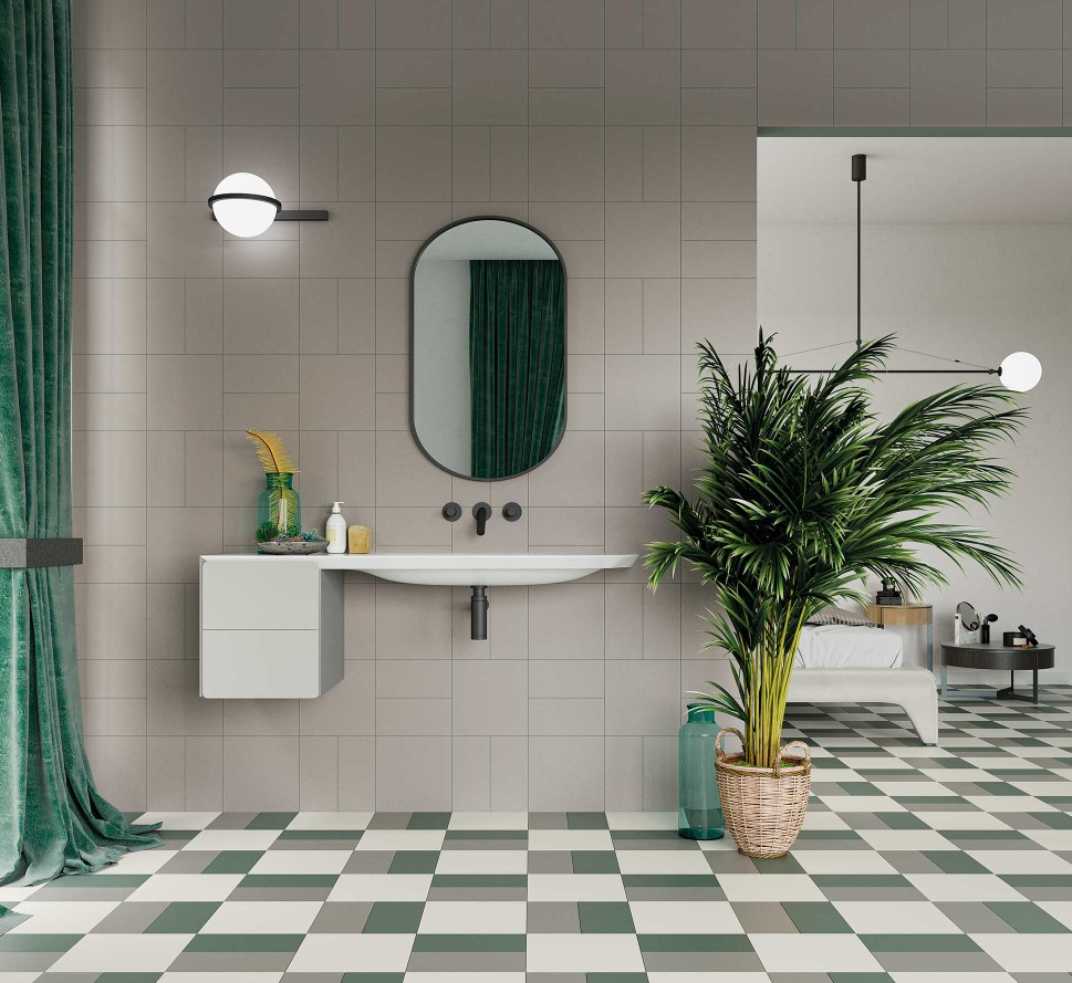 biała łazienka z zielonym akcentem