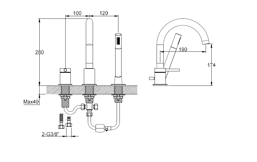 Kohlman AXEL BLACK QB241AB bateria wannowa 3 - otworowa czarna