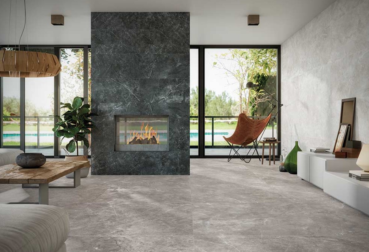 Szary salon w płytkach